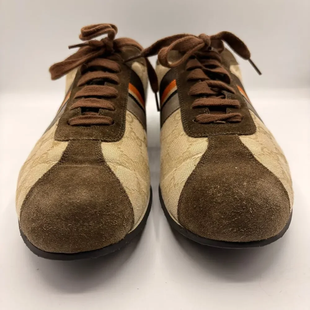 GUCCI GG Monogram Canvas Brown Suede Orange Web Lace Sneakers Sz 9G 9.5 US $995